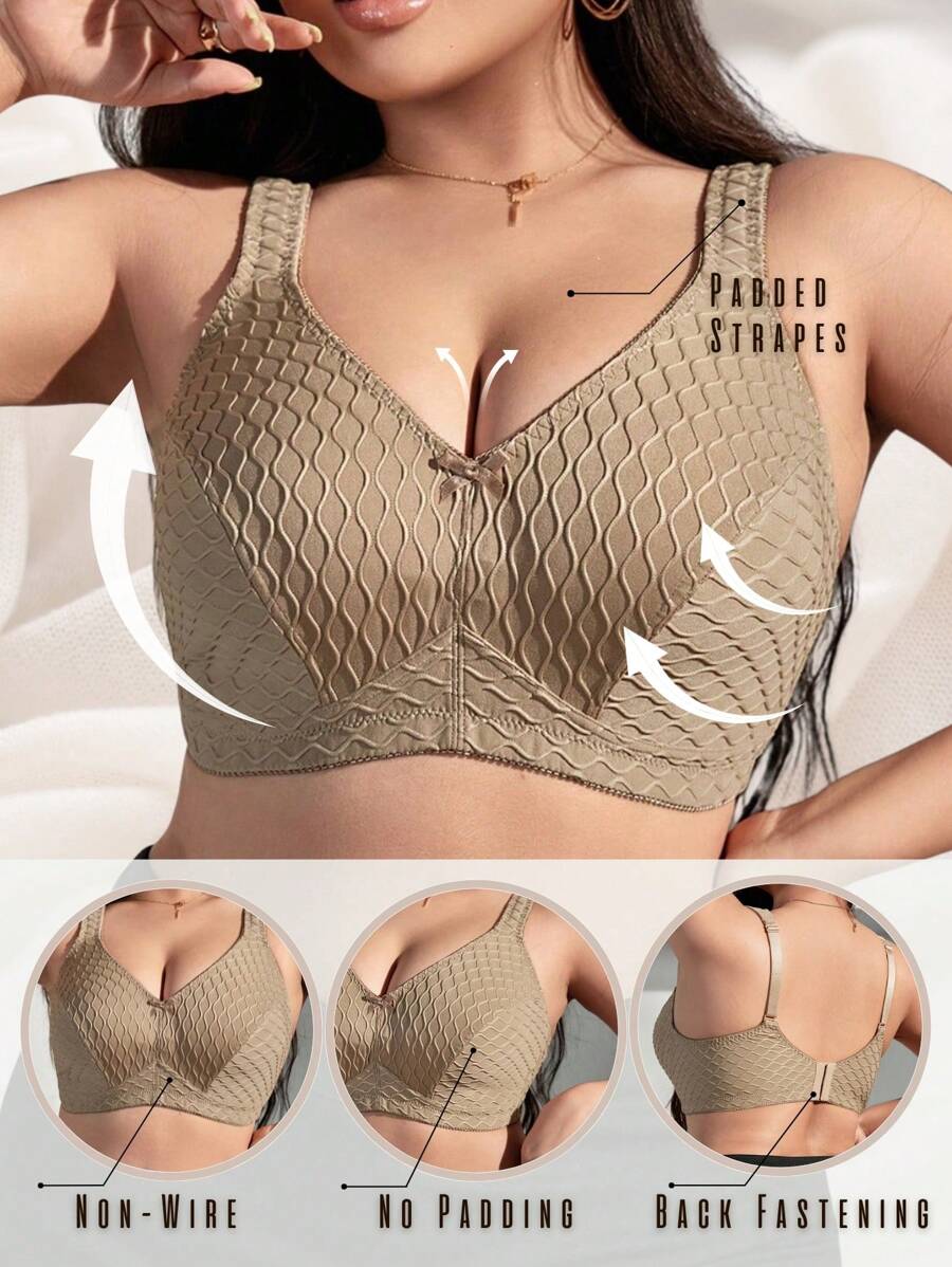 Sujetador inalámbrico para mujer de talla grande, con decoración de lazo, esponja suave y ajustable, de tejido jacquard ondulado y suave y cómodo - Albaricoque - Ver 1