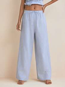 Nektaria Pantalones informales tipo palazzo de mujer con cintura elástica con cordón y patas anchas, de rayas azul claro, para verano, playa, mujeres, conciertos, elegantes, vacaciones, casual de oficina, estilo occidental, bohemio