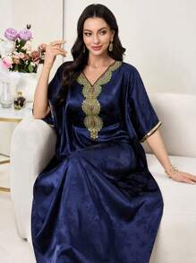Al Najma Elegant Jacquard V-Neck Turkish & Arabic Long Robe Dress, Spring/Summer, Modest Kaftan - Navy Blue - View 1