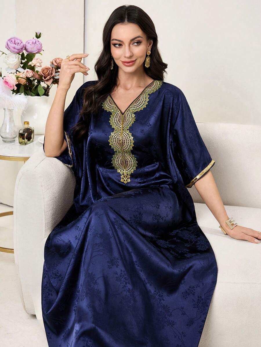 Al Najma Elegant Jacquard V-Neck Turkish & Arabic Long Robe Dress, Spring/Summer, Modest Kaftan - Navy Blue - View 1