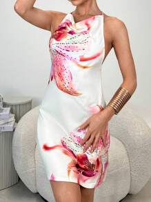 Firerie Vestido corto con cuello en V, elegante, minimalista y delicado, con estampado floral romántico, sin espalda y decoración de mariposa y orquídea, adecuado para citas, vacaciones y el Día de San Valentín - Multicolor - Ver 6