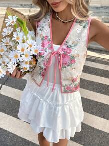 SHEIN LUNE Women V-Neck Open Front Jacquard Tie-Up Sleeveless Cropped Vest Waistcoat, European & American Style European Summer Ibiza Outfits Mesh Embroidered Top Going Out Top Vacation Tops Fairycore Cute Summer Tops Tube Top Flower Top Bohemian Tropical Tropical Vacation Woman Clothes - Pink - View 5