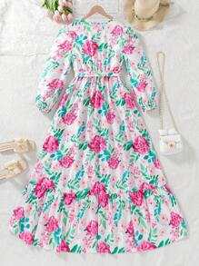 Premium Plus Size Floral Print Puff Sleeve V-Neck Dress, Elegant Vacation Mother's Day Dress, High-End Fashion Design, Suitable For Birthday Party, Holiday, Spring/Autumn, Sophisticate Look, Luxury Mom&Daughter Set - Pink - View 2