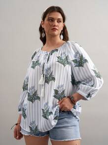 SHEIN LUNE Plus Size Women Floral Striped Tie Neckline Loose Blouse Floral Vacation Outfits Woman Country West Wear Women BOHO Easter Spring Outfits For Women Summer Outfits For Women Cute Summer Tops Easter Dress Easter Outfit Women Graphic