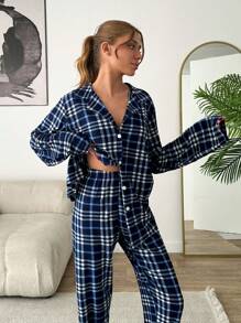 RueChic 2pcs Women Soft Touch Suede Button Front Detail Plaid Pattern PJ Set - Multicolor - View 3