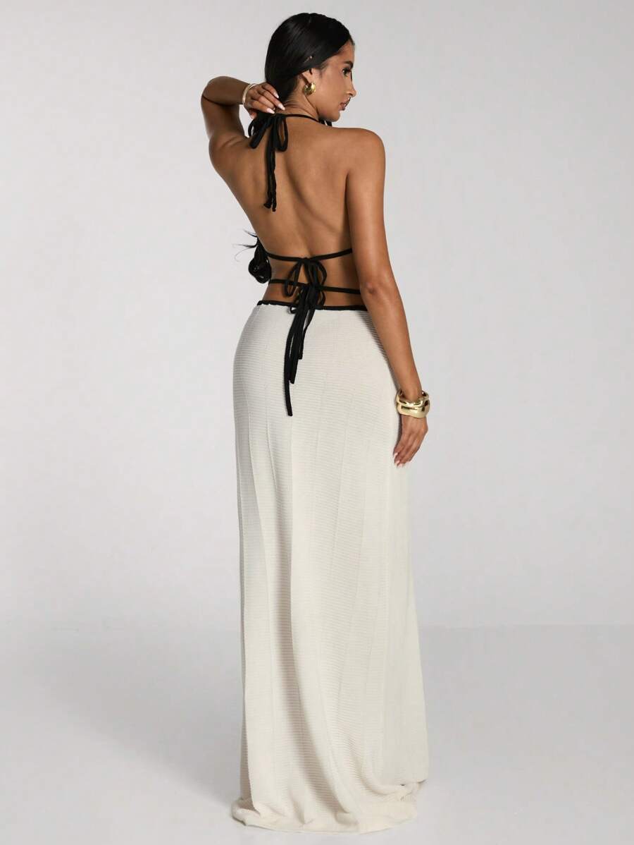 SHEIN BAE Women's Sexy Contrast Color Trim Backless Halter Long Knitted Dress Dresses For Women Summer Outfits For Women Vacation Outfits Woman White Dress Summer Dresses For Women Summer Dress Beach Outfits For Woman Western Wear Women Beach Vacation Bathing Suit Cover Up - Black and White - View 1