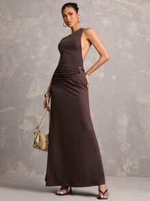 SHEIN BAE Women's Solid Color Sleeveless Pleated Dress - Coffee Brown - View 4