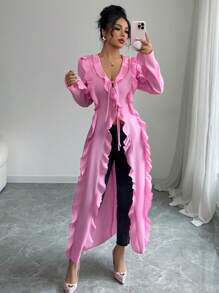 Elenzga Blusa de manga larga con volantes y lazo decorativo, de unicolor, elegante y de moda para oficina, casual, citas y vacaciones