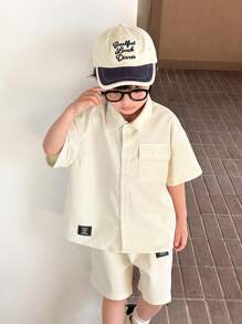 SHEIN Leap Crew 2件装 青春男童 男孩休闲运动 学院街头 日韩 宽松翻领衬衫短裤 适合儿童装 青春男童衣服 返校男童套装 适合生日派对、晚会、演出、婚礼、洗礼、开幕式 日常 适合日常使用 适合上学 适合旅行 适合运动 适合春夏季节 - 杏色 - 查看 6