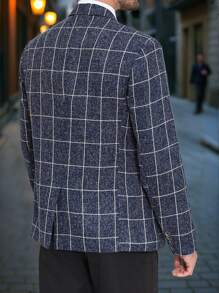 Manfinity Mode 男式前扣长袖格子休闲西装外套 - 藏蓝色 - 查看 2