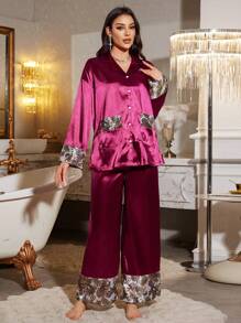 Conjunto de pijama elegante y elegante para mujer con diseño de color en bloque con estampado de paisley - Burdeos - Ver 6