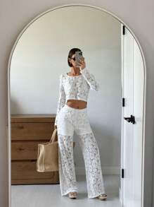 SHEIN Essnce Women's White Sheer Lace Two-Piece Set: Cropped Y2K Top & High-Waisted Wide-Leg Pants | Festival Outfit, Coachella Essentials, Viral Summer 2024 Fashion Boho Casual Loungewear | Suitable For Music Festivals