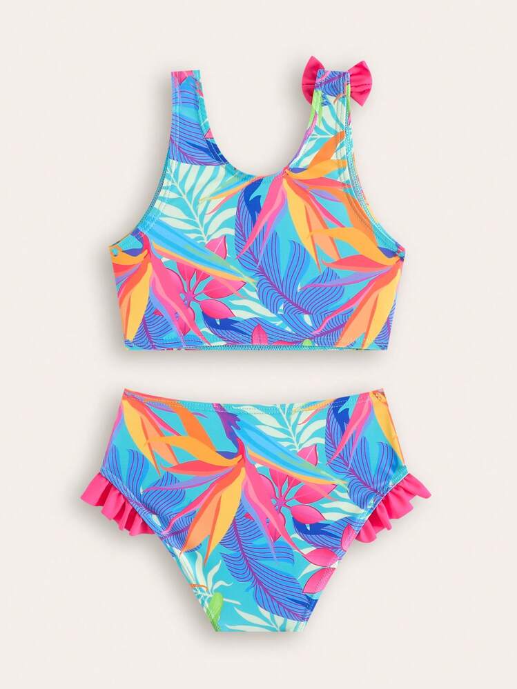 Young Girl New Fashion All-Over Tropical Print Bikini Set - Multicolor - View 2