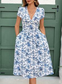 Ellevyn 女士花卉印花褶皱口袋中长连衣裙，春夏休闲度假连衣裙 - 彩色 - 查看 4