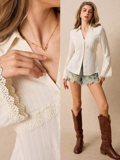 Poéselle 女式纯色前扣长袖休闲衬衫，带蕾丝花边，波西米亚风，女式夏季，度假女装，女式西部装，女式音乐会装，乡村女装，波西米亚风女式上衣