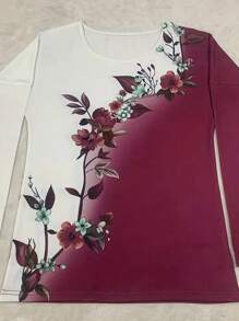 Casual Color Block & Floral Print Long Sleeve Blouse, Spring/Autumn - Multicolor - View 4