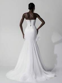 SHEIN Belle Elegant White Satin Simple Strapless Collar Floral Contrast Mesh Fishtail Train Back Adjustable Tie Wedding Dress, Bride - White - View 2