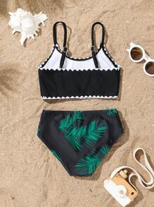 Young Girl' Black Floral Print 2 Pieces Tankini Swimwear Set, Random Pattern - Black - View 2