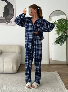 RueChic 2pcs Women Soft Touch Suede Button Front Detail Plaid Pattern PJ Set - Multicolor - View 1