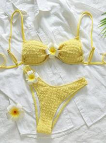 SHEIN Sweetro 2 件套，纹理面料花卉点缀细肩带抹胸上衣和高腰下装性感比基尼泳装，适合海滩/夏季