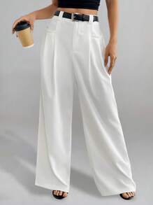 Chiquease 女士优雅休闲/办公褶皱白色长裤