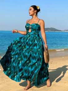 Sunnyshic Plus Size Women's Charming Print Front Twist Hollow-Out High Slit Dress, Vacation Vibe