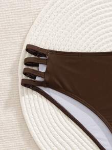 SHEIN Swim Springbreak Solid Color Ladies Swimwear Casual Vacation Holiday Beach Party Swimwear For Summer - Coffee Brown - View 4