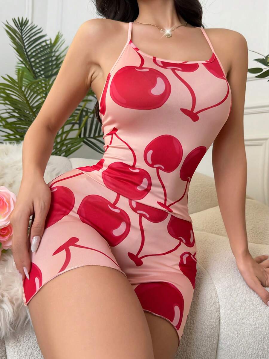 SweetSlumber INS Style Women's Cherry Print Strap Romper Pajamas Set - Multicolor - View 1