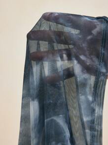 LUSINE BONFIELD 设计师黑白透明印花网眼长拇指袖高领女式休闲上衣 - 黑與白 - 查看 7