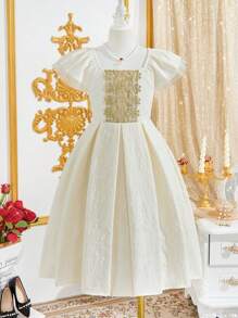 SHEIN Tween Girl Cute Floral Decor Square Neck Ruffle Sleeve Dress - Apricot - View 1