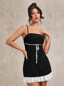 SHEIN BAE 夏季海滩度假纯色黑白蝴蝶结抹胸连衣裙，适合日常约会、夜间外出、夜总会、派对、聚会、鸡尾酒会、泳池派对、返校季服装、学校季节连衣裙、节日连衣裙女士连衣裙、优雅、女士海滩装/海滩、女士婚礼宾客礼服/新娘送礼会礼服白色、毕业礼服/毕业装、女士早午餐装、女士音乐会装/狂欢装节日/乡村音乐会装/伊比沙岛装/纳什维尔装、度假、度假、端庄、热带度假女装、辣妹、夏季装/夏季服装、女士春季装、约会夜礼服、伴娘迷你连衣裙、优雅小黑裙、春夏、荷叶边 - 黑色 - 查看 7