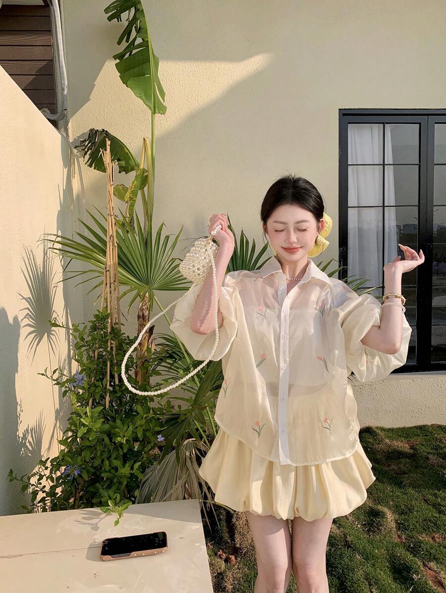 DAZY Women's Puff Sleeve Chiffon Design Blouse - White - View 1