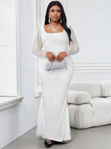 SHEIN Lady Plus Size Elegant Party Sequin Mermaid Dress - White - View 4