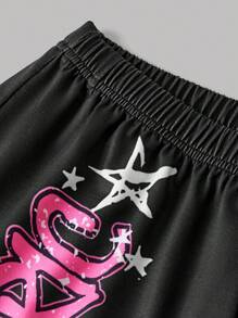 SHEIN 2 件套休闲时尚太空主题青少年男孩白色长袖连帽衫和运动裤套装，适合春秋季 - 黑與白 - 查看 8