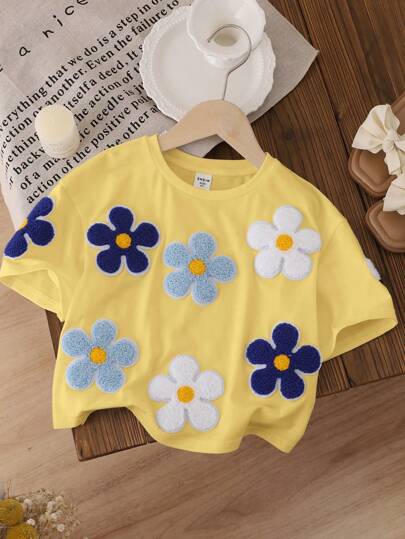 SHEIN LMoss Kids Yong 女童宽松可爱花卉印花短袖圆领垂肩 T 恤