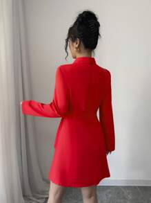 Elenzga 红色优雅女士中长连衣裙，披肩领长袖，系腰，褶皱，通勤时尚，适合节日和情人节 - 紅色 - 查看 2