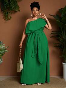 Maweii Plus Size Women Ruffle Hem Asymmetrical Shoulder Casual Loose A-Line Dress - Green - View 3