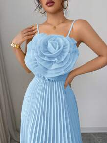 Rafferiza 法式优雅花卉贴花收腰 A 字形连衣裙，黄色，女士，春夏 - 淺藍色 - 查看 4