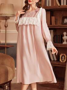 Vintage Palace Style Lace Patchwork 3/4 Sleeve Loose Women Long Nightgown - Dusty Pink - View 6