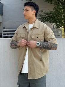 DAZY Summer Khaki Pocket Drawstring Decorated Men's Outdoor Shirt