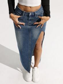 SHEIN EZwear Jupe en jean décontractée pour femmes, minimaliste et pour une utilisation quotidienne - Bleu azur - Voir 1