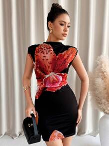 SHEIN Clasi Women's Fashionable Sleeveless Short Floral Print Dress, Spring/Summer - Black - View 3