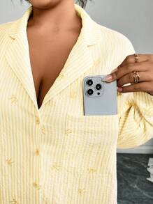 Firerie Conjunto informal de 2 piezas talla grande: Camisa con estampado de lazo a rayas rojas y blancas y pantalones rectos, versátil para usar en casa y al aire libre - Amarillo - Ver 6