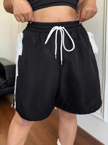 Flirla Plus Size Women Elastic Waist Drawstring Pants With Side Trim Edge - Black - View 3
