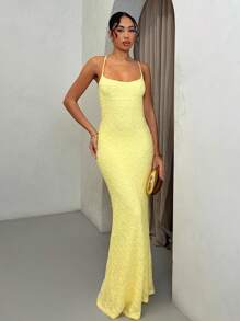 SHEIN BAE 夏季海滩度假纯色浅黄色吊带露背长裙，适合日常约会、夜间外出、夜总会、派对、聚会、鸡尾酒会、泳池派对、返校季节服装、学校季节服装、节日服装、音乐节服装、乡村音乐节服装、音乐会服装 - 芥末黃 - 查看 5