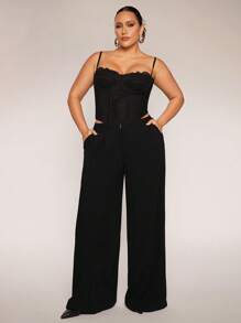 SHEIN BAE 大码女式高街黑白亚麻直筒阔腿裤，适合日常穿着、夜间外出、约会、派对、下午茶、音乐会、夏季服装、春季服装、复活节、度假、优雅、休闲、西部服装、俱乐部服装、早午餐、毕业典礼、性感阔腿裤、通勤、办公室穿着 - 黑色 - 查看 7