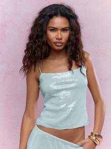 MISSGUIDED 水晶亮片吊带背心，可调节肩带，适合晚宴、俱乐部、节日等场合，闪亮夏季无袖亮片露脐上衣，假日派对夜店装扮 - 水鴨藍 - 查看 5