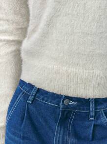 Maija Women's Casual Solid Color Fluffy Short Sweater,Cream Autumn Everyday Clothes,Fall Business Office Wear,Low-Key Old Money Style,High-End Commuting - Apricot - View 4