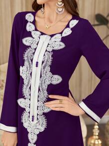 Al Najma Elegant Embroidered Rope Panel & Luxurious Purple Splice Glamorous Ladies Dress Kaftan Jalabiya Dress - Purple - View 5