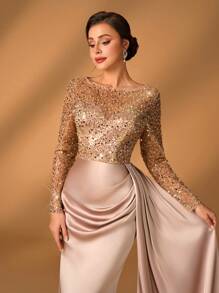 Serin 优雅华丽香槟色奢华细闪珠刺绣拼接缎面透视长袖心形褶饰修身鱼尾拼接飘逸件适合晚宴舞会单身派对节日音乐节婚礼活动新娘妈妈装重工晚礼服 - 香檳色 - 查看 1